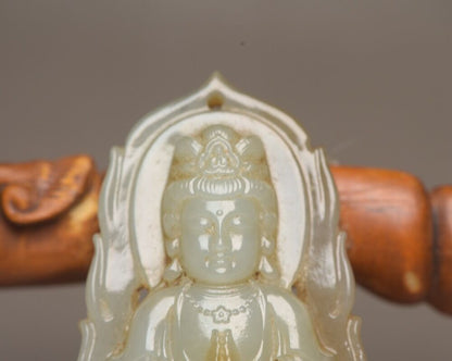 Chinese Natural Hetian Jade Carved Kwan Yin Statue Good Luck Pendant Amulets Art