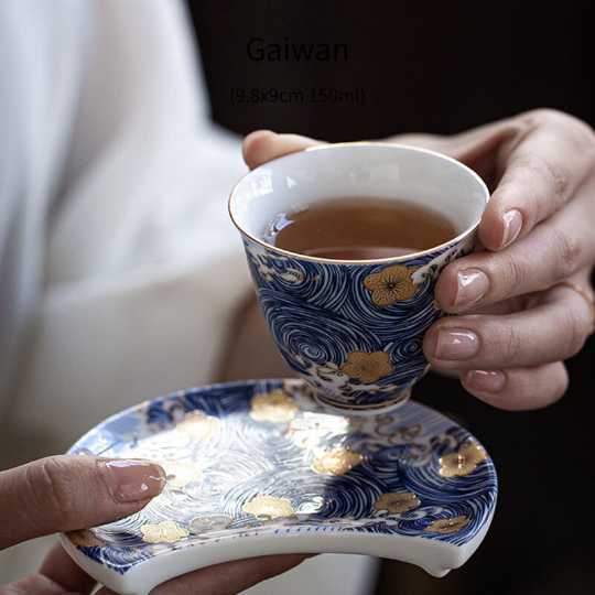 Ceramic Tea Cup Blue Gold Flower Set of 6 Chinese Kung Fu Tea Cups