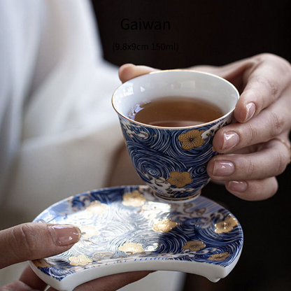 Ceramic Tea Cup Blue Gold Flower Set of 6 Chinese Kung Fu Tea Cups