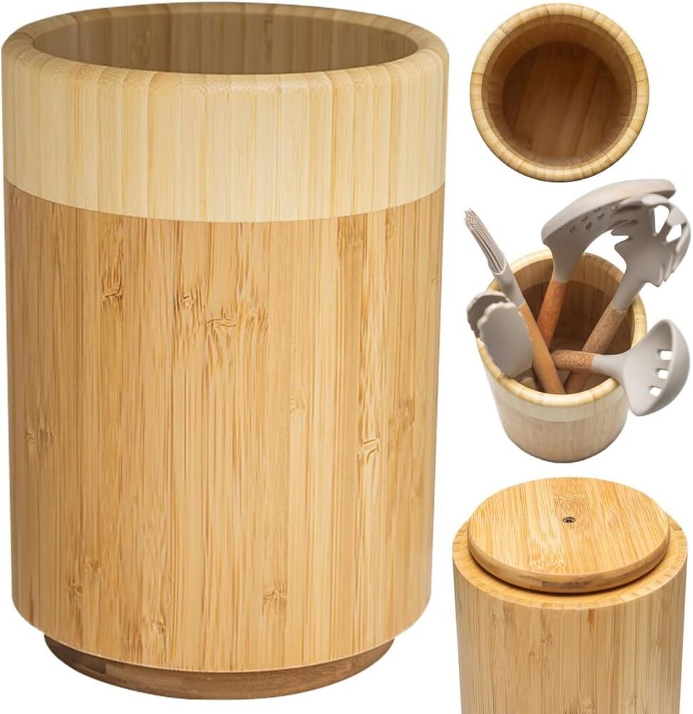 Rotating Bamboo Utensil Holder for Kitchen Counter Wooden Home Decoration Gift
