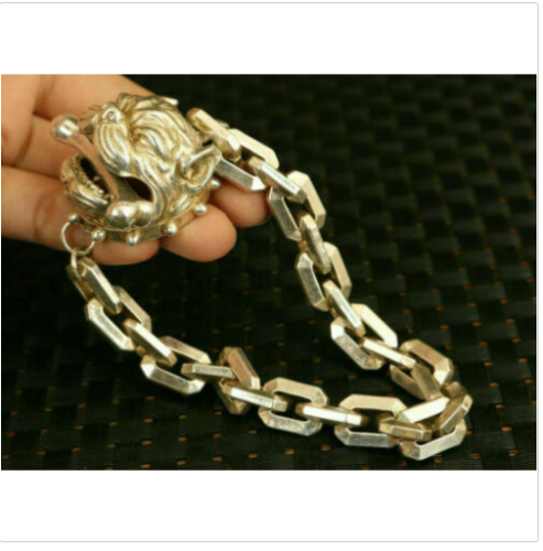 chinese miao silver hand carved dog head statue bracelet decorate Jewellery gift