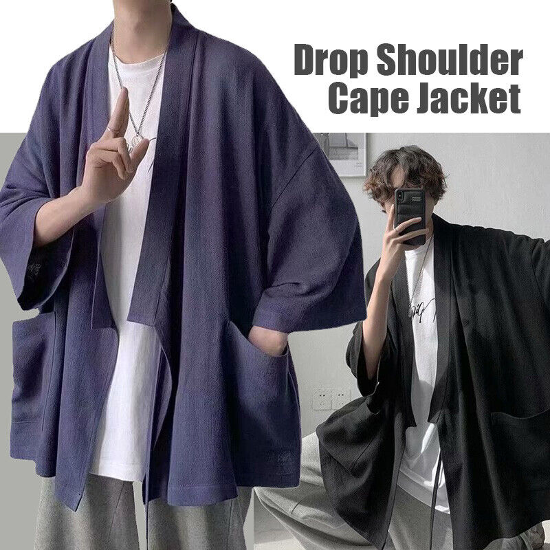 Men Japanese Kimono Coat Loose Cape Cloak Top Baggy Oversize Jacket Robe Outwear