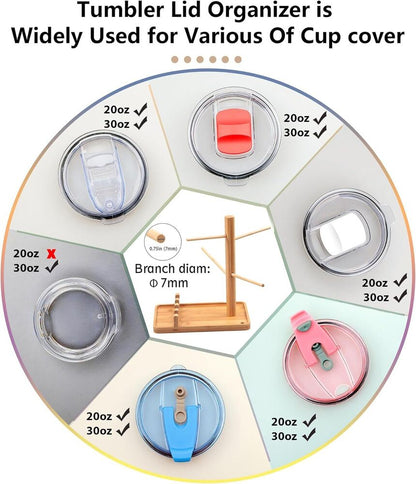 Bamboo Tumbler Lid Organizer Holder for up to 20 Lids Water Bottle Storage Gift