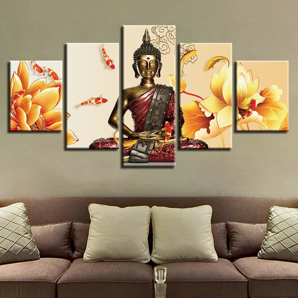 Buddha Meditation Statue Lotus Koi Fish Canvas Prints Painting Wall Art Decor 5P
