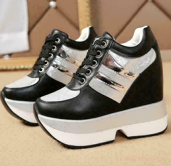 Women Fashion Sequins Wedge Hidden Heels Platform Sneakers Creepers Shoes New