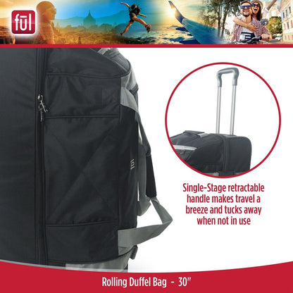 FUL Rig 30 Inch Rolling Duffel Bag, Travel Luggage with Wheels, 30", Black