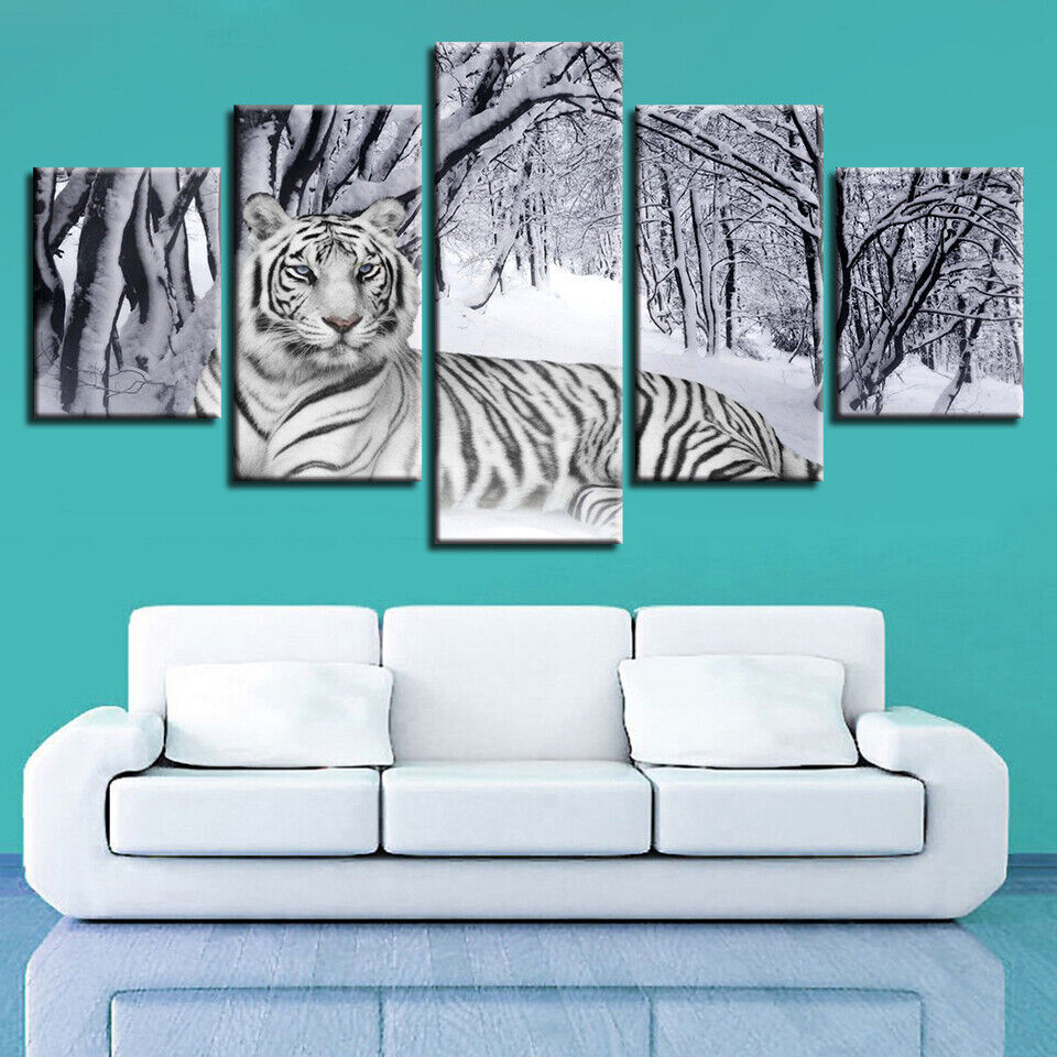 White Tiger In Snow Forest Canvas Prints Painting Wall Art Home Decor Picture 5P