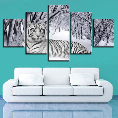 White Tiger In Snow Forest Canvas Prints Painting Wall Art Home Decor Picture 5P