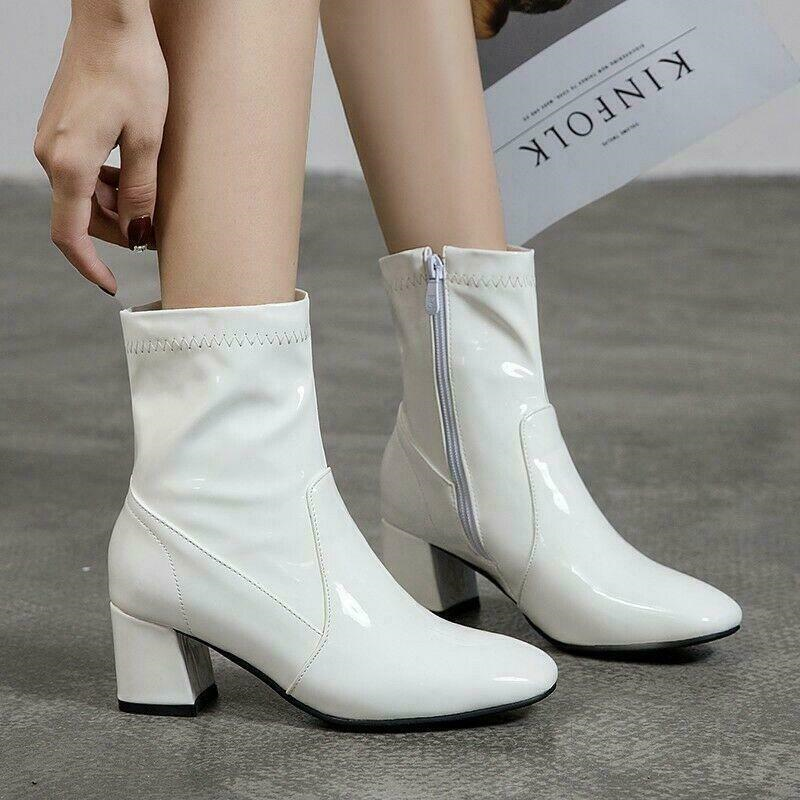Women's Square Toe Ankle Boots Patent Leather Chunky Heels Leisure Zip Shoes New