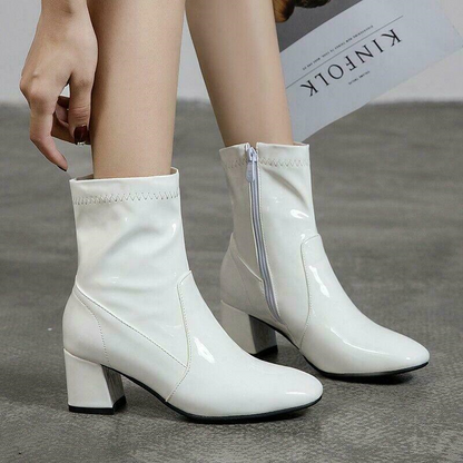 Women's Square Toe Ankle Boots Patent Leather Chunky Heels Leisure Zip Shoes New