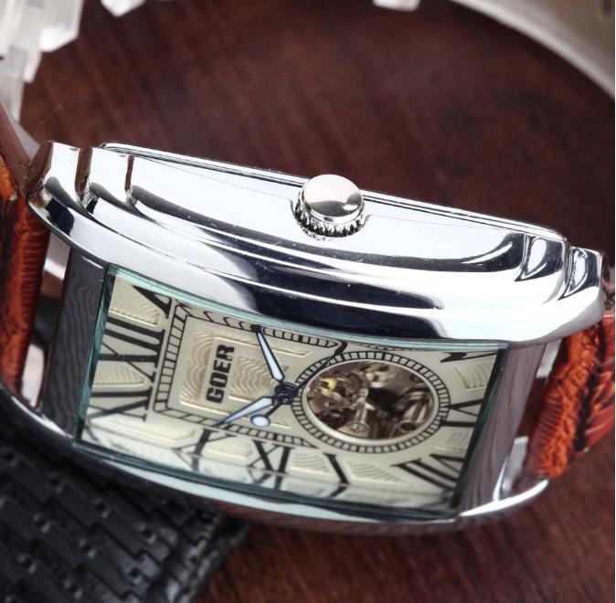 Retro Men's Watch Automatic Mechanical Wrist Watch Skeleton Leather Rectangle