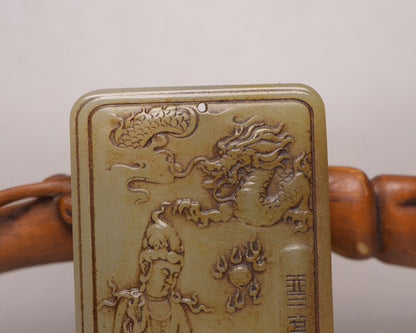 Chinese Natural Hetian Jade Carving Dragon Kuan Yin Statue Lucky Pendant Jewelry