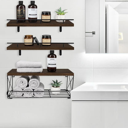 Rustic Wooden Bathroom Floating Shelves with Storage Baskets Wall Mounted (3+1)