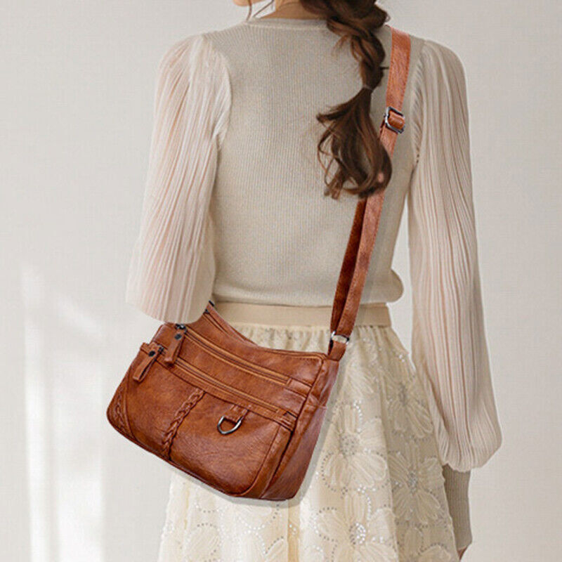 Women's Soft Leather Shoulder Bags Multi-Layer Shopper Bag Crossbody Handbag
