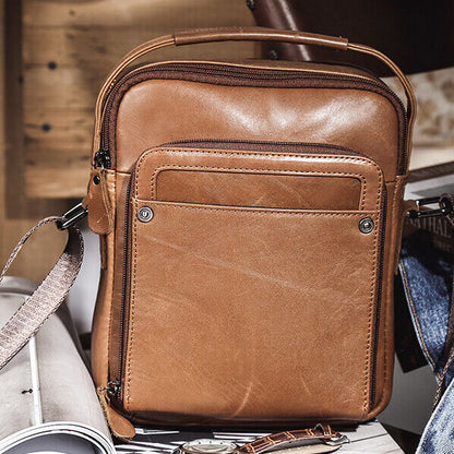 Crazy Horse Leather Men's Sling Shoulder Bag Double Zipper Multifunction Handbag