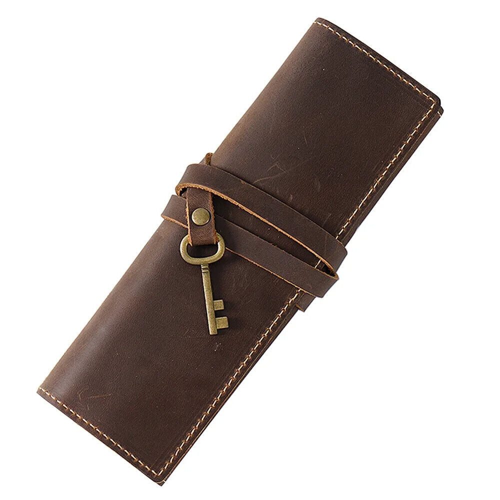 Pencil Case Genuine Leather Tie Rope W/Key Pen School Storage Bag Holder 20x18cm
