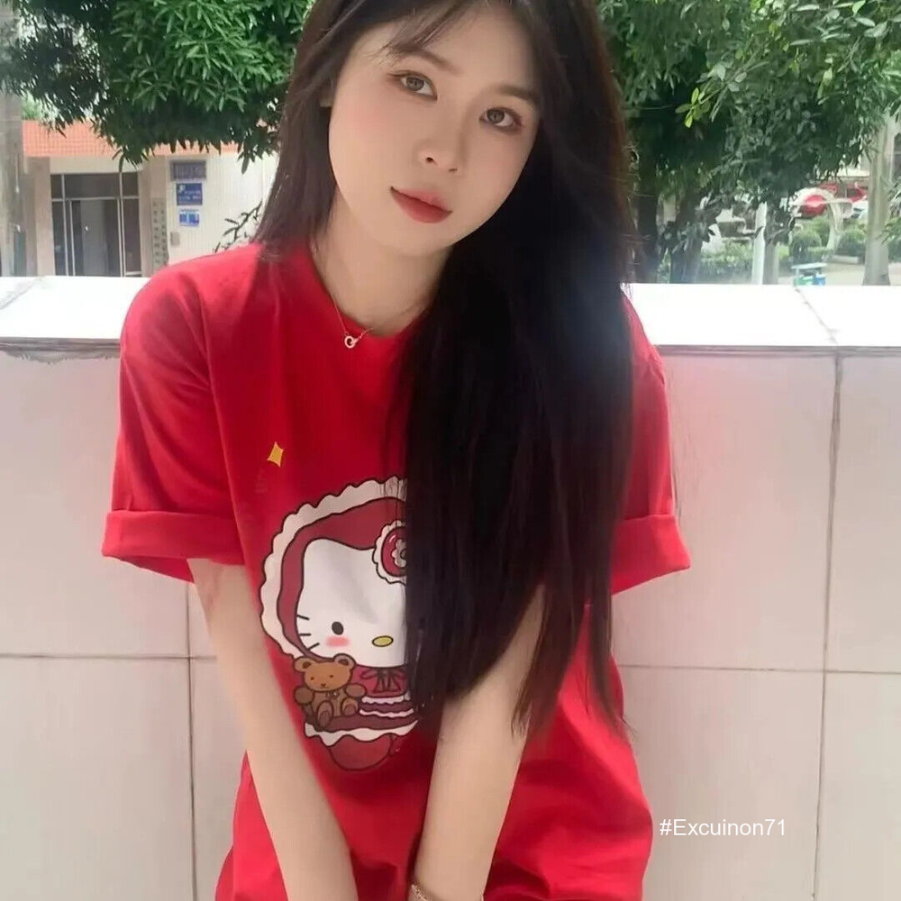 Vintage Y2K Womens Cute Hello Kitty Red Casual Short Sleeves Tops Loose