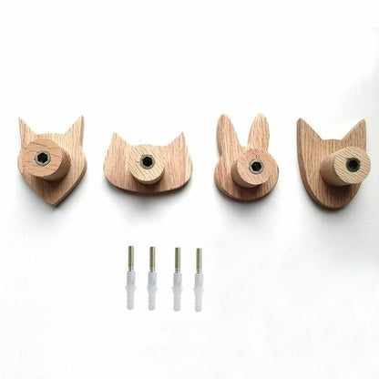 4Pcs/Pack Animal Solid Hooks Oak Walnut Wood Keys Holder Hanger Wall Decorations