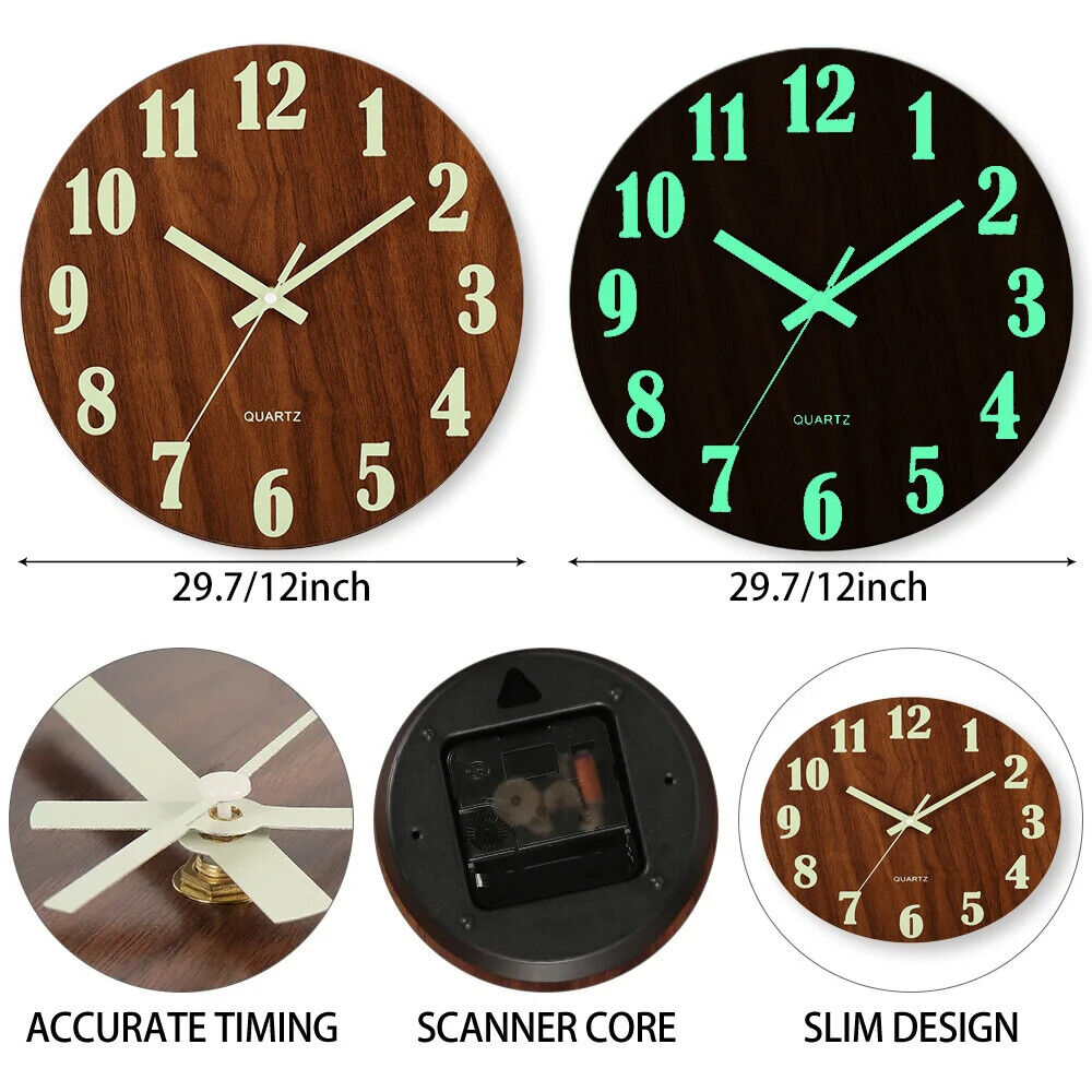 Luminous Walls Clock 12in Wood Non Ticking Light In Dark Night Living Room Decor