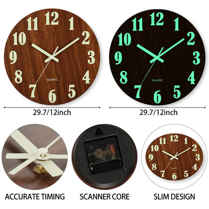 Luminous Walls Clock 12in Wood Non Ticking Light In Dark Night Living Room Decor