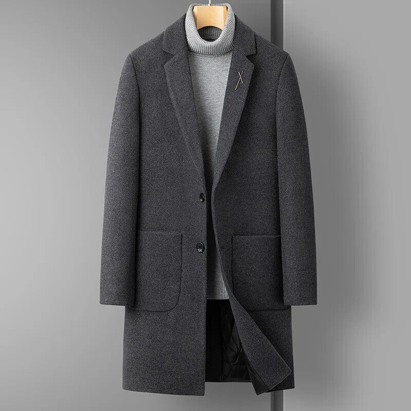 Men's Handsome Wool Coat Coat Long Coat Men （Winter) Polyester
