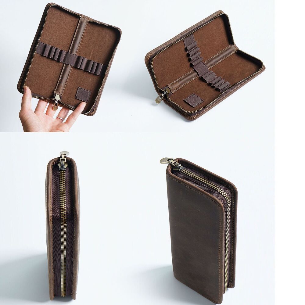 Handmade Crazy Horse Leather Square Pen Bag Men's Zipper Creative Pencil Case