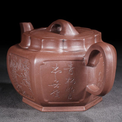 Vintage Chinese Yixing Purple Clay Teapot Zisha Ceramic Carved Landscape Tea Set