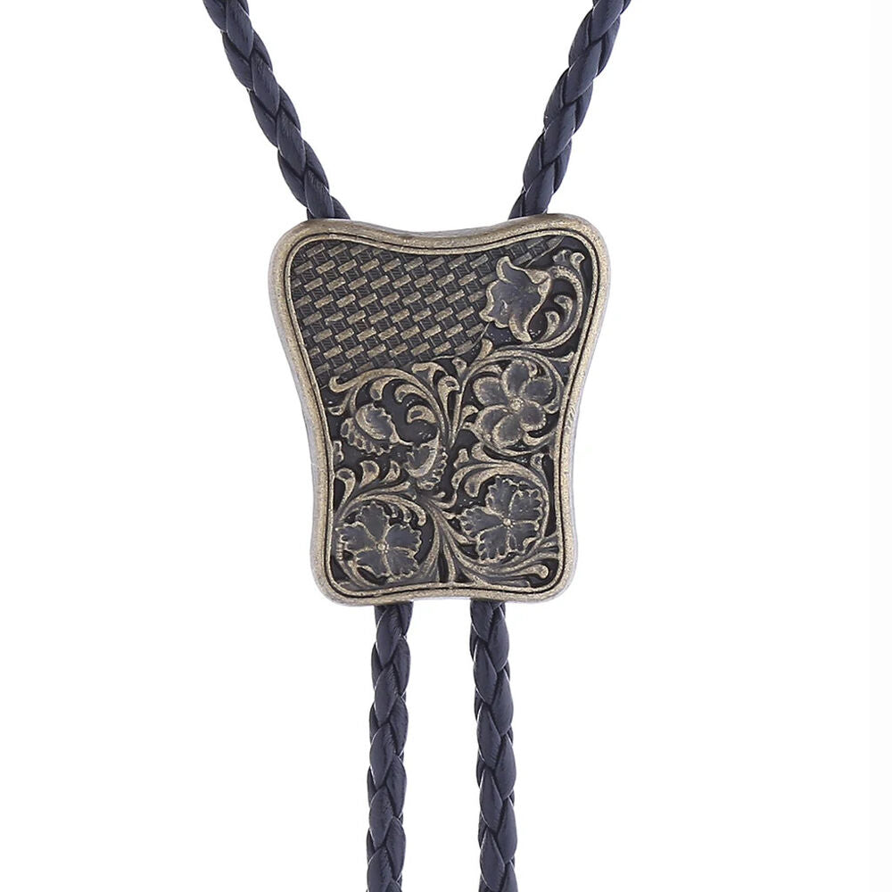 Men Bolo Tie Western Style Leather Chain Carving Pattern Pendant Necktie 4x106cm