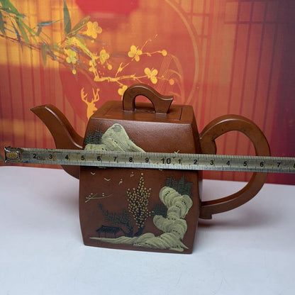Vintage China Yixing Purple Clay Teapot Zisha Ceremony Painted Landscape Tea Set