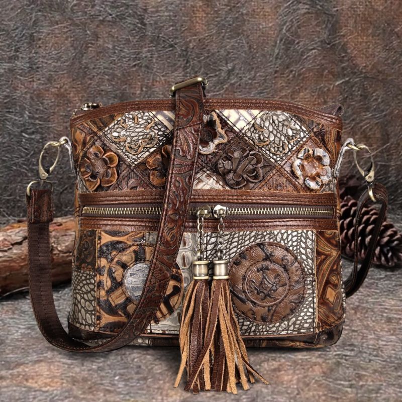 Bohemian Genuine Leather Bag Floral Crossbody Luxury Shoulder Vintage Handbags