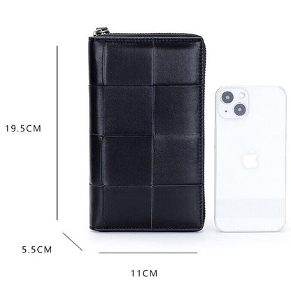 Real Sheepskin Leather Long Wallet Women Weaving Clutch Bag Zipper Phone Holder