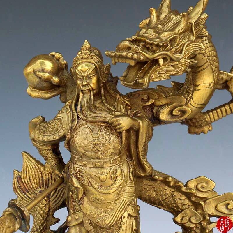 9" Chinese Fengshui brass Guan Gong Yu Warrior God Sword Stand in Dragon Statue