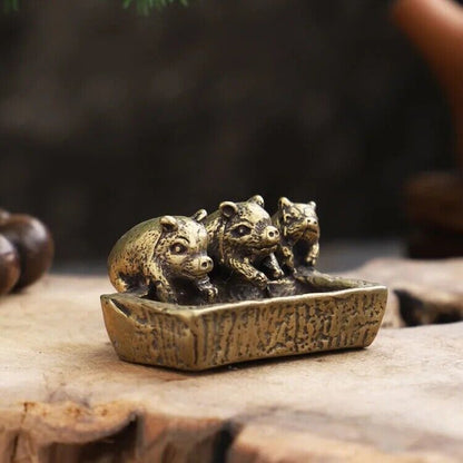 Chinese Antique Pure Copper Tea Pet Three Little Pigs Drinking Water Ornaments