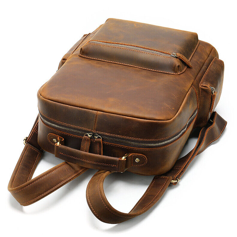 Crazy Horse Leather Men's Retro Backpack LargeTravel Rucksack Daypack School Bag