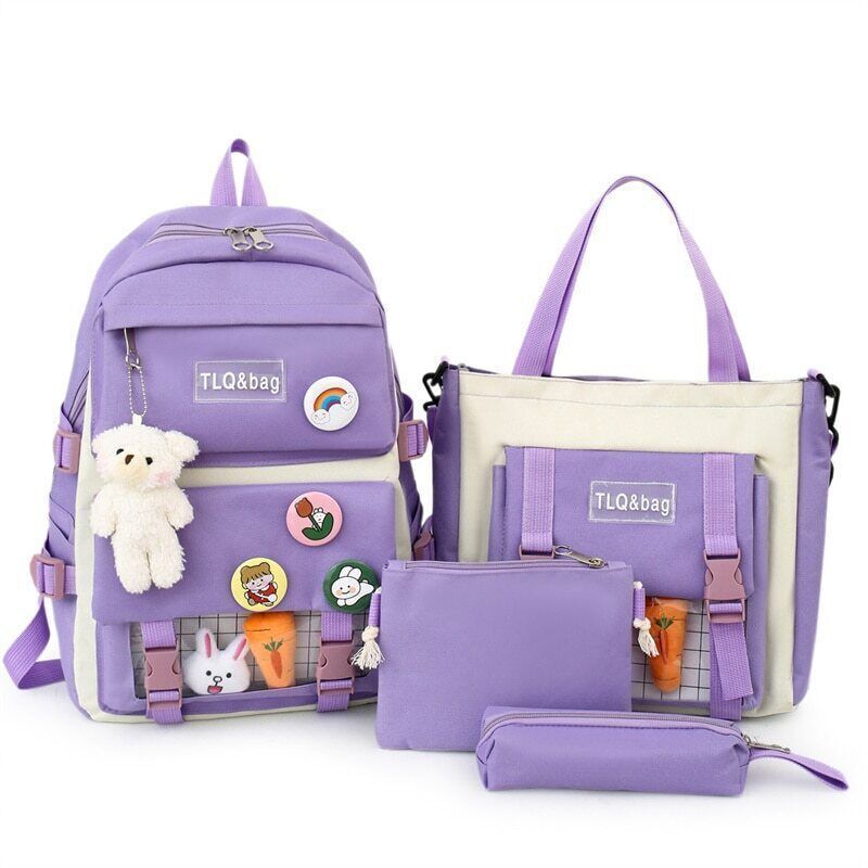 4 Pcs Sets Women Bag Women Backpack Book Bags Female with Plush Pendant