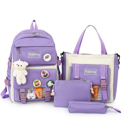 4 Pcs Sets Women Bag Women Backpack Book Bags Female with Plush Pendant