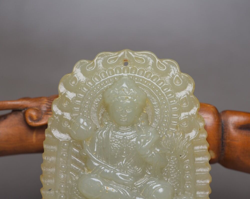 Chinese Natural Hetian Jade Carving Dragon Kuan Yin Statue Lucky Pendant Amulets