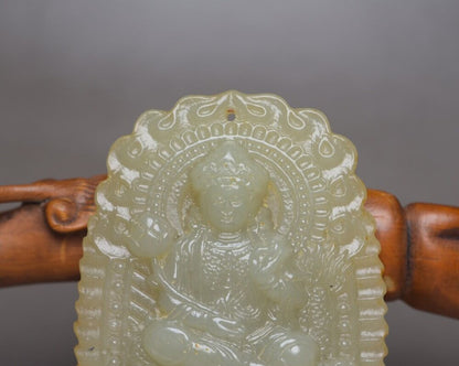 Chinese Natural Hetian Jade Carving Dragon Kuan Yin Statue Lucky Pendant Amulets
