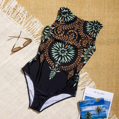 Women High Neck Boho Closed Thong Swimwear One Piece Swimsuit Monokini Bodysuit