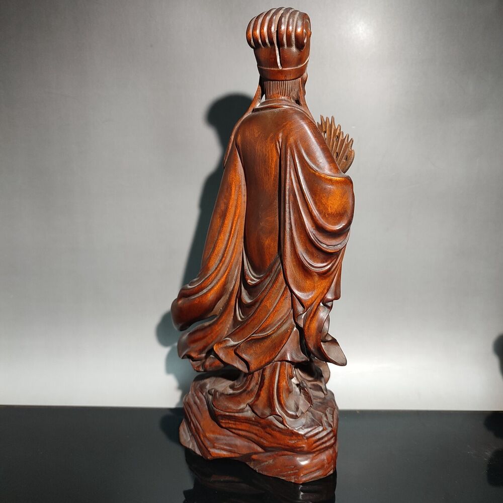 7" Chinese Antique Wooden Statue Carvings Boxwood Zhuge Liang Wisdom Reflection