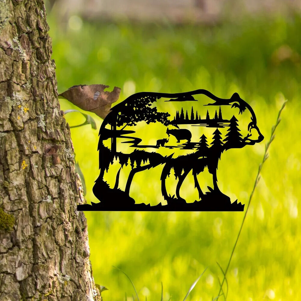 Metal Wall Art Decoration Forest Bear Silhouette Sculpture Ornament Rustic Cabin