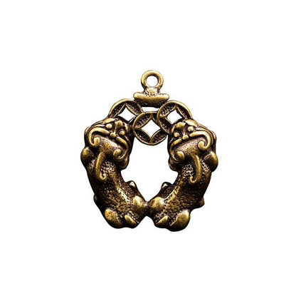 37MM Chinese Bronze Brass Animal Two Pixiu Pi Xiu Unicorn Wealth Amulet Pendant