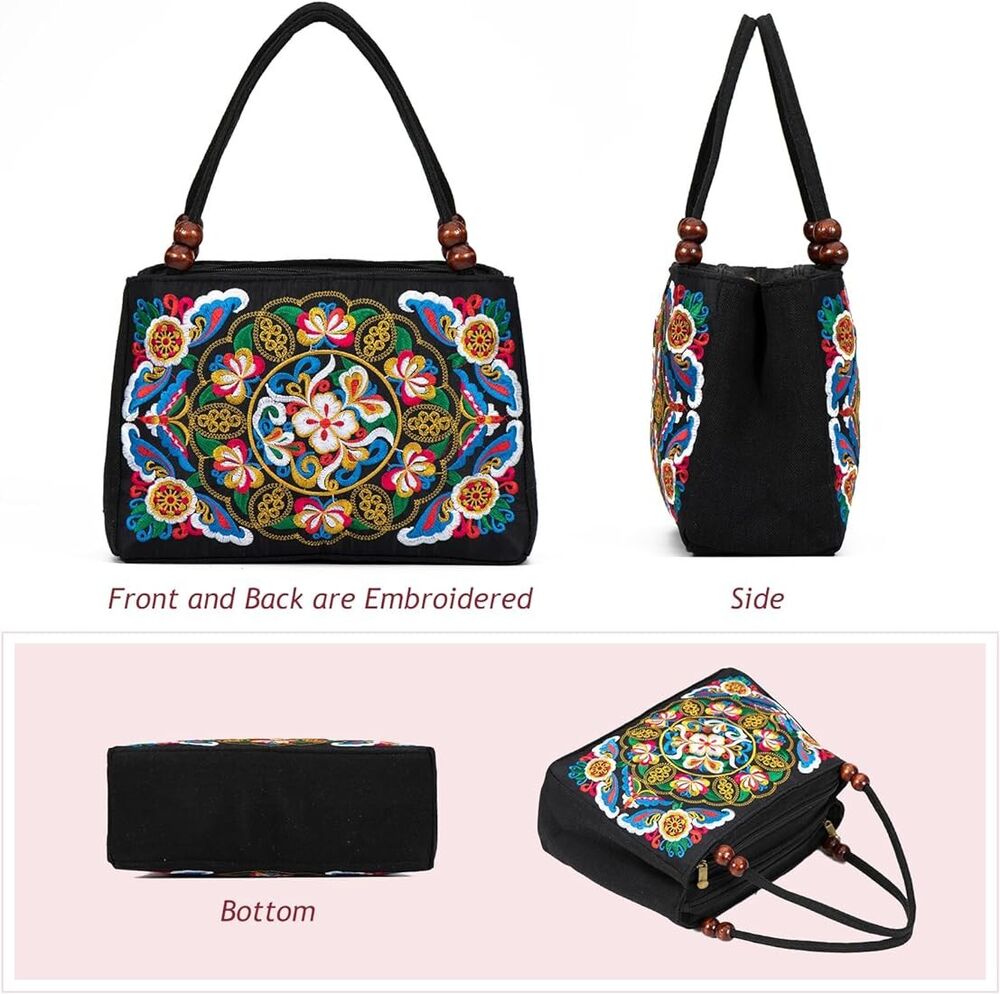Double-Sided Embroidery Totes Bag Travel Beach Bag Vintage Embroidery Ethnic