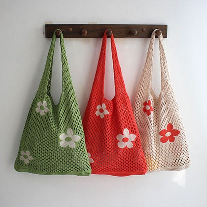 Summer Flower Handbag Knitted Shoulder Bag Large Shopping Woven Hollow Beach Bag