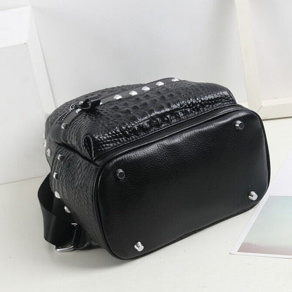 Top Cow Leather Black Women's bag, Soft Leather Crocodile Print Backpack Travel