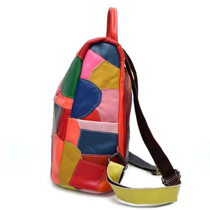 Sheepskin Leather Women's Colorful Blocks Patchwork Backpack Travel Bag Rucksack