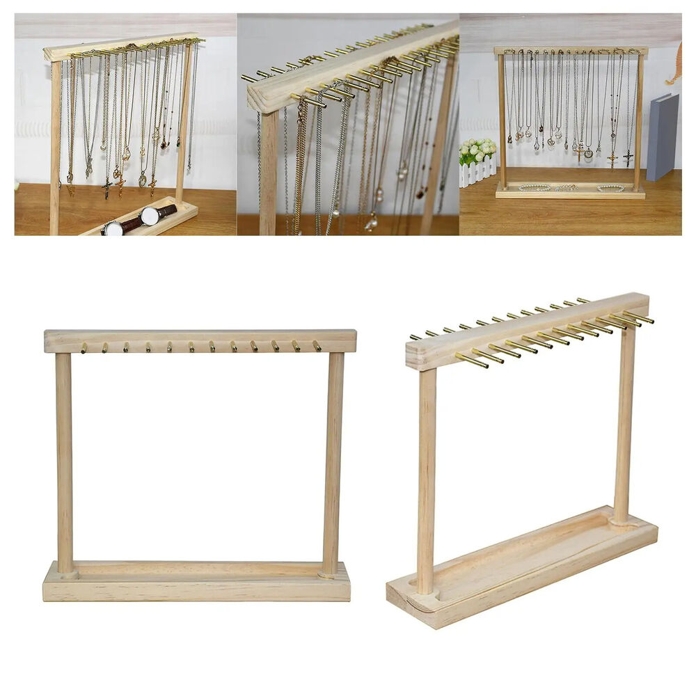 Jewelry Organizer Wooden Necklace Display Stand Chains Earrings Rack 30x26x7.5cm