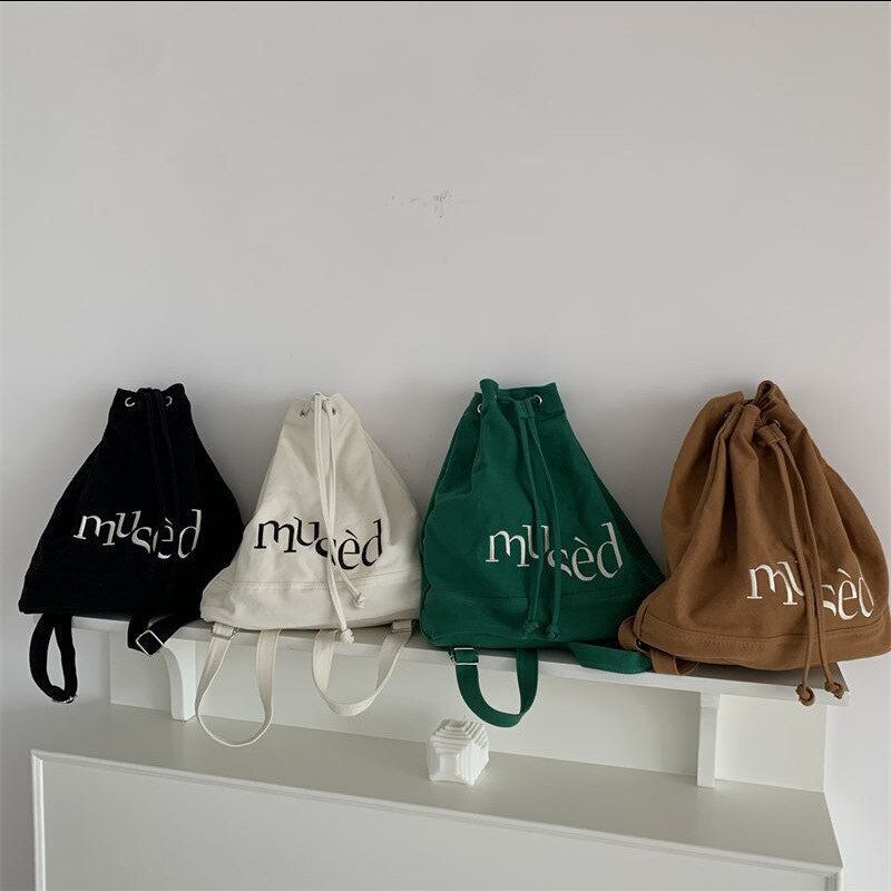 Embroidered Backpacks Canvas Drawstring School Bags Large Capacity Green/Brown