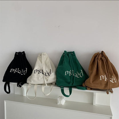 Embroidered Backpacks Canvas Drawstring School Bags Large Capacity Green/Brown