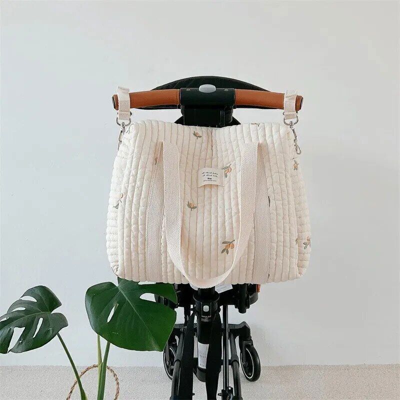 Flower Embroidery Pattern Baby Beige Zipper Diaper Handbag Luggage Bag